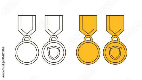 Four different colored medals with ribbons and shields on white background