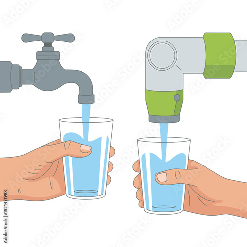 Hands holding glasses under water taps and filling with blue liquid  drinking water