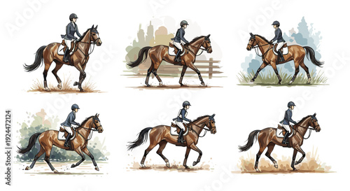 Equestrian rider on horseback in various poses, watercolor illustration style
