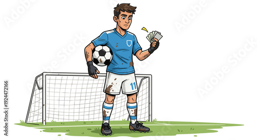 Soccer player in muddy uniform holding a ball and looking at cards