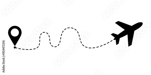 Airplane flying along a dotted line to a location pin on white background