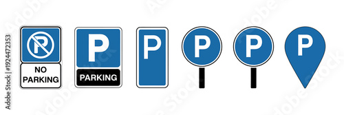 Set of blue and white parking signs and symbols on white background
