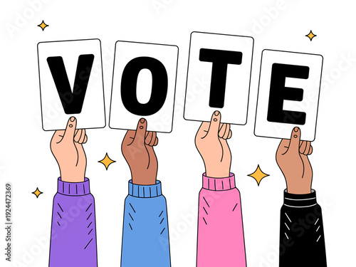 Diverse hands holding up signs that spell out vote together in unity and solidarity