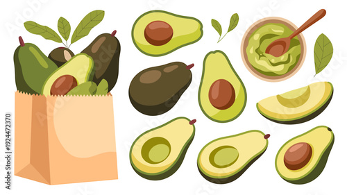 Cartoon illustration of various avocado slices and whole avocados in a paper bag