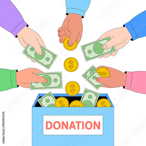 People donating money into a blue donation box with hands and cash