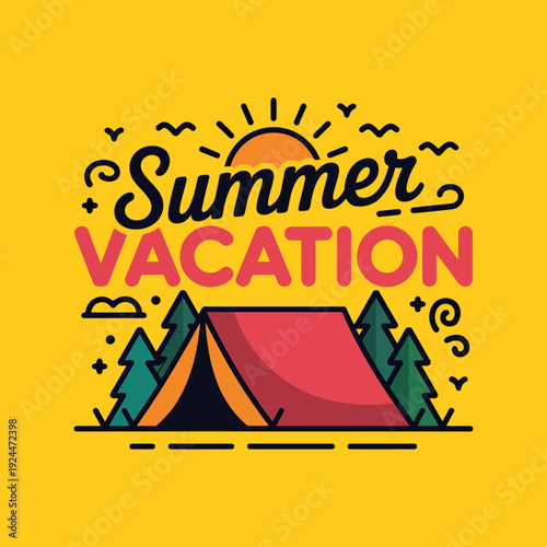 Summer vacation camping illustration with tent and trees under sunny sky