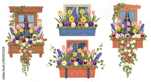 Collection of charming window boxes overflowing with vibrant spring flowers and greenery