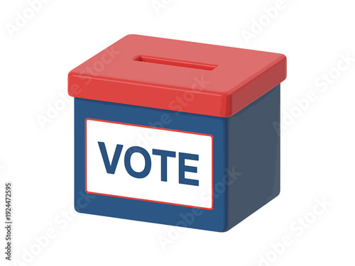 Red and blue vote box with white label on white background
