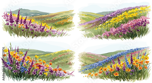 Watercolor painting of rolling hills covered in vibrant wildflowers and lush green grass
