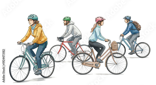 Diverse group of people enjoying a bicycle ride together on a sunny day