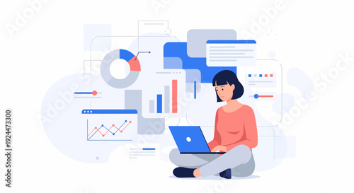 Woman analyzing business data on laptop surrounded by charts and graphs in a relaxed sitting position
