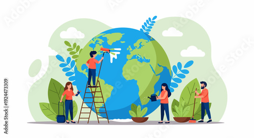 People working together to nurture the Earth, surrounded by lush greenery and a serene atmosphere