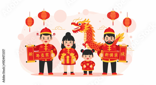 Vibrant family in traditional attire celebrating Lunar New Year with a majestic dragon amidst festive lanterns from a joyful perspective