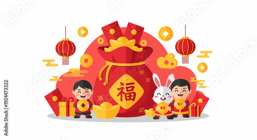 Celebrating Lunar New Year with Children and Rabbit around Prosperity Sack filled with Gold Ingots and Coins