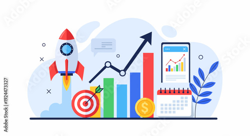Business growth chart with rising arrow and target, surrounded by financial symbols and a calendar