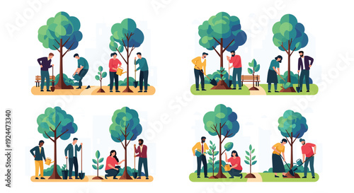 Diverse group of people planting trees in a park, symbolizing environmental care and community effort