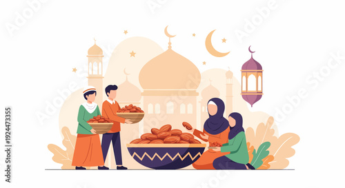 Family Gathering During Ramadan Celebration with Traditional Food and Mosque in the Background