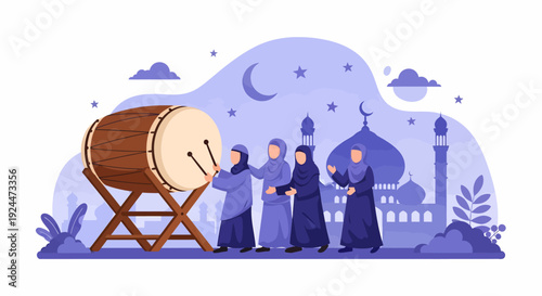 People gathered around a large drum in front of a mosque on a serene night with crescent moon and stars.