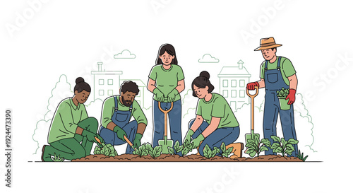 Diverse group of people working together in a community garden planting vegetables