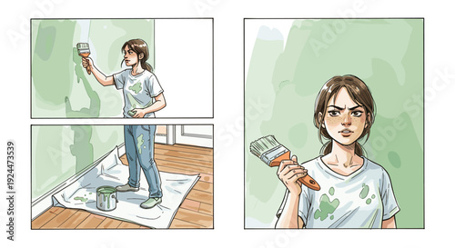 Frustrated young woman painting a wall, getting paint on her clothes and looking annoyed