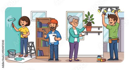 Diverse group of people working together on home improvement projects and renovations