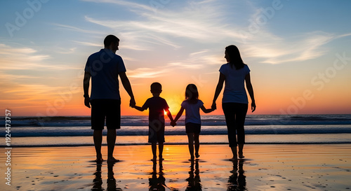 silhouette of a couple and family on the beach