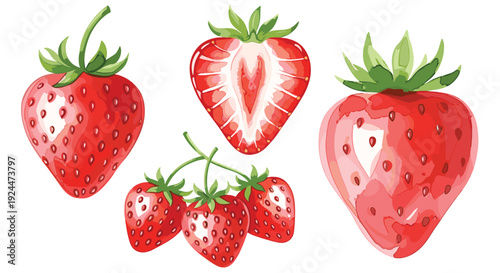 Collection of ripe red strawberries, whole and halved, with green leaves and stems