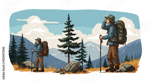 Two hikers with backpacks and trekking poles explore a scenic mountain landscape