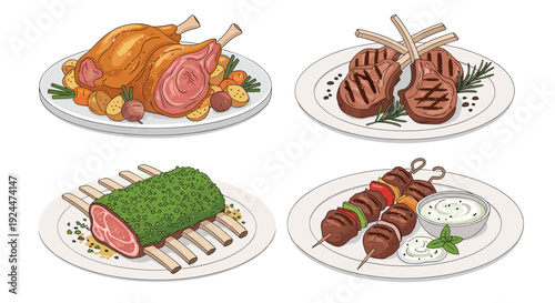 Four delicious meat dishes including roasted lamb, grilled chops, herb-crusted rack, and kebabs