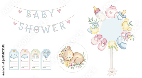 Cute baby shower decorations with sleeping bear and baby items