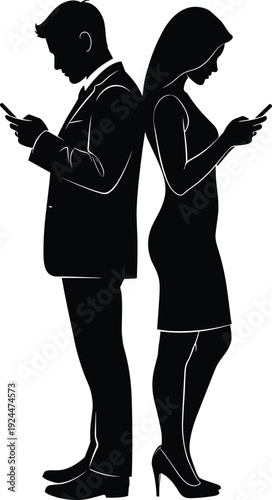 Business couple silhouettes using smartphones back to back, modern digital communication concept, social media lifestyle, black and white vector illustration