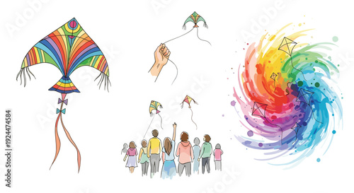 Colorful kites flying in the sky with people watching and a hand holding a kite string