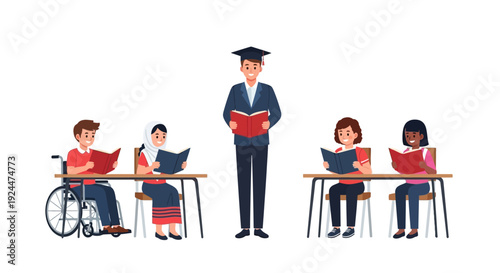 Diverse children and a teacher read books in a multicultural classroom on Read Across America Day with a focus on Reading Diversity & Inclusion