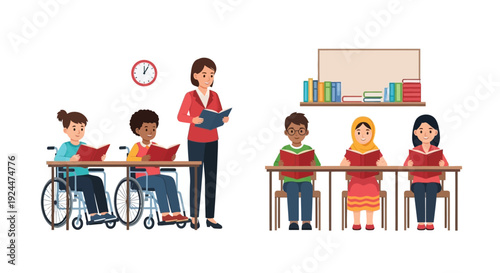 Diverse children and a teacher engage in reading activities in an inclusive multicultural classroom setting on Read Across America Day with a focus on diversity and education