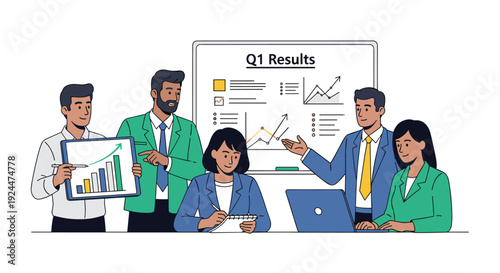 Business team analyzing Q1 results with charts and graphs on a whiteboard