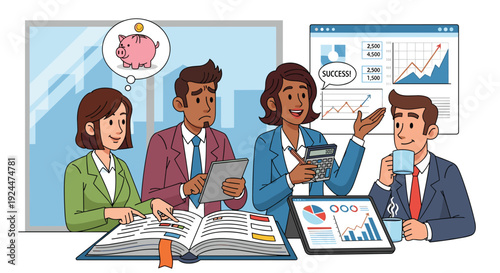 Diverse business team collaborates on financial growth and success in a modern office setting