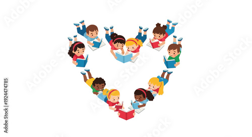 Diverse children form a heart shape while reading books together in a multicultural classroom setting on Read Across America Day with a colorful and joyful illustration style