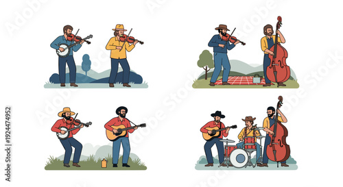 Illustration of diverse folk music bands playing various instruments outdoors and in nature
