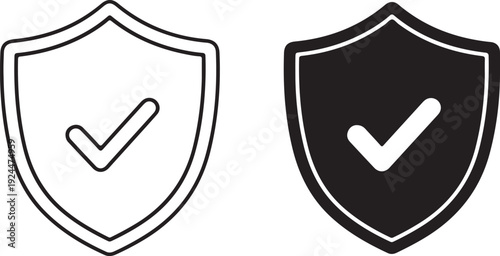 Two shields with checkmarks, one in black and white and the other in black isolated on white background, illustration
