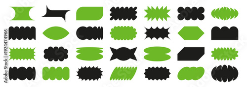 Neo geometric abstract shapes. Brutalist scalloped sticker, Acid Graphics jagged badges and Y2K starbursts frames. Squiggle text boxes, modern label borders and burst price tag backgrounds vector set