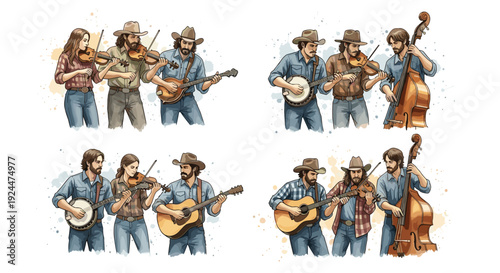 Watercolor illustration of diverse country music bands playing various instruments