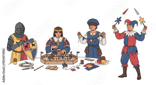 Medieval characters engaged in various crafts and entertainment activities on a white background