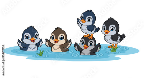 Cute cartoon baby penguins playing happily in the water on a sunny day
