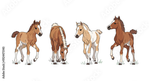 Four adorable cartoon foals in different poses on a white background with grass