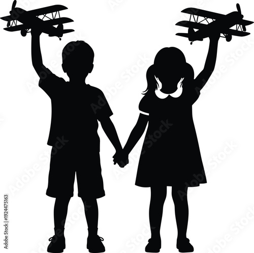 Silhouette of children holding toy airplanes, childhood imagination and friendship concept, playful kids aviation dream, black and white vector illustration