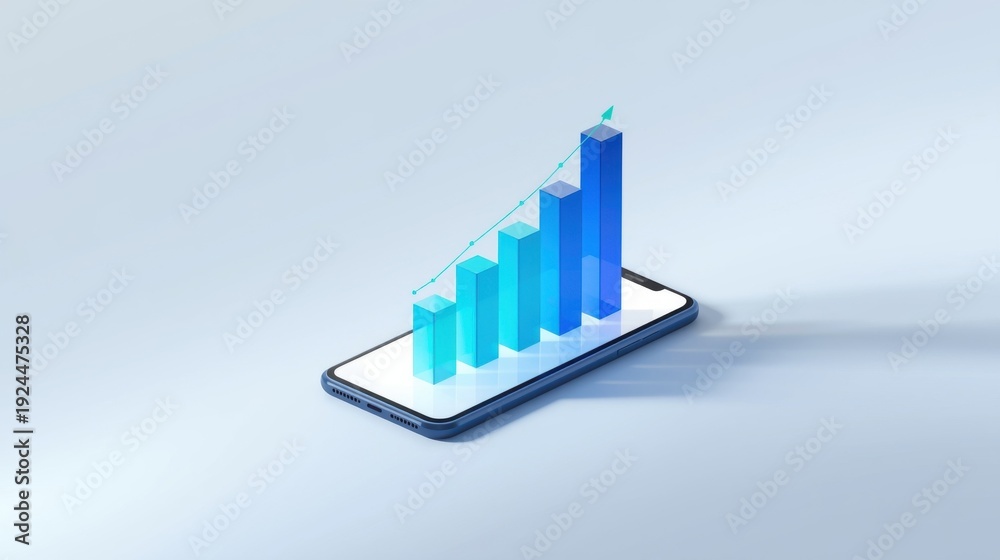 Fototapeta premium Vibrant 3d bar graph on a smartphone screen with blue bars rising high on a light background symbolizing growth and success in business and technology