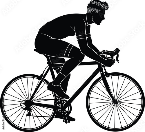 Silhouette of professional cyclist riding road bicycle, competitive cycling sport concept, speed endurance fitness training, black and white vector illustration