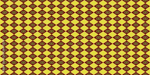 Seamless geometric pattern with green mandala ornaments on red and yellow rhombus background. Elegant traditional ethnic vector illustration for fabric, wallpaper, and textile design.