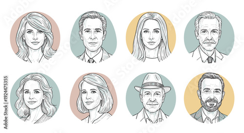 Collection of diverse hand-drawn portraits of men and women in circular frames