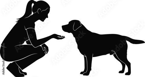 Silhouette of woman training dog, pet obedience and friendship concept, animal care lifestyle scene, black and white vector illustration